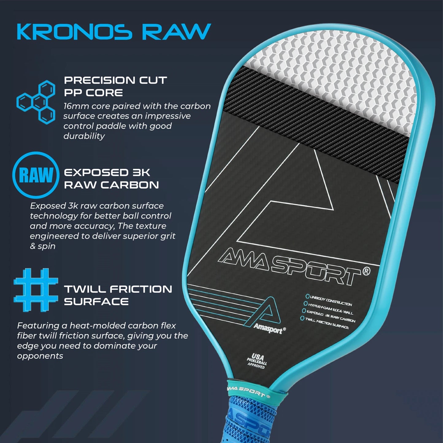 AMA SPORT Pickleball Paddle with Cover Bag 3K Carbon Fiber Friction Textured Surface for Spin Thermoformed Kronos Durable Padel