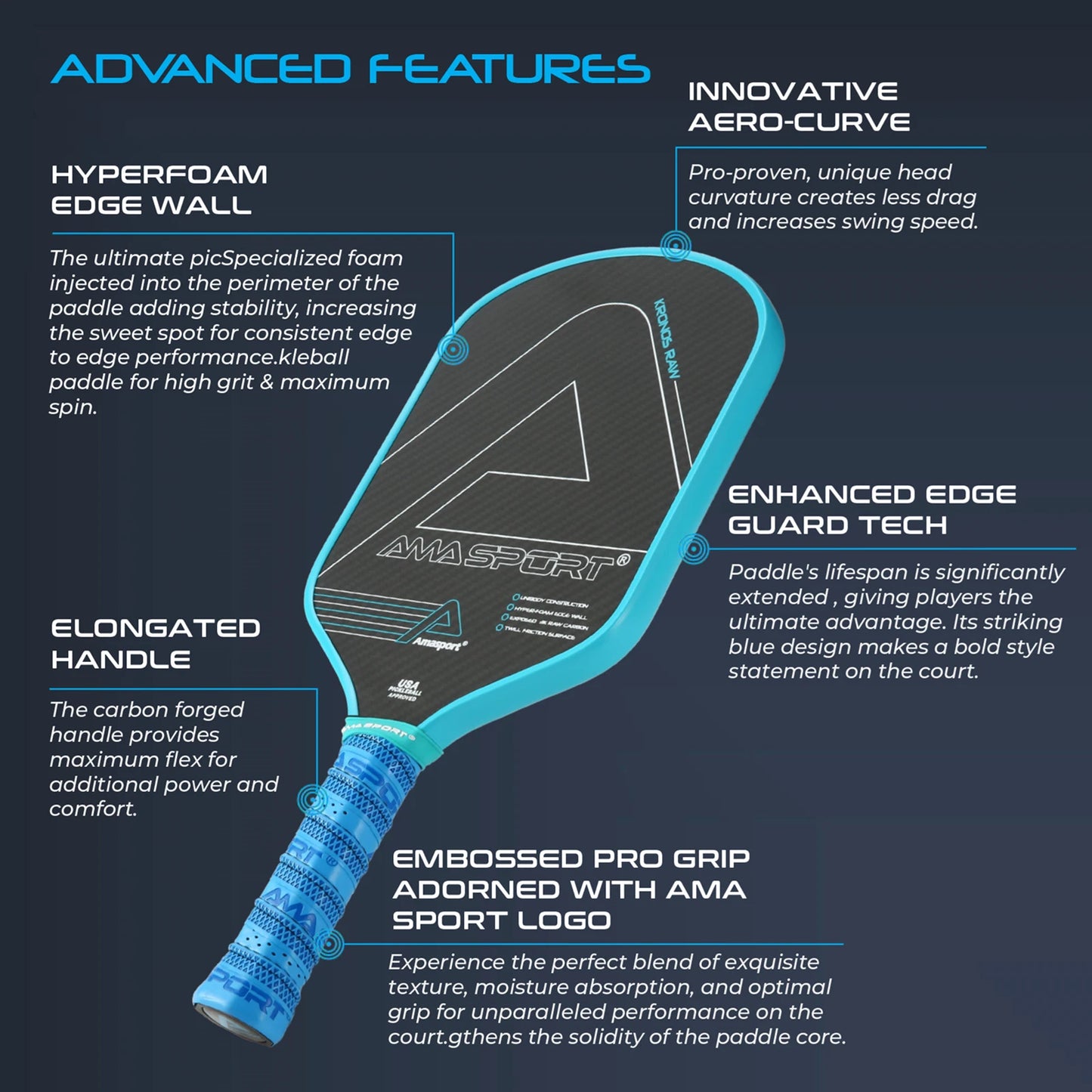 AMA SPORT Pickleball Paddle with Cover Bag 3K Carbon Fiber Friction Textured Surface for Spin Thermoformed Kronos Durable Padel